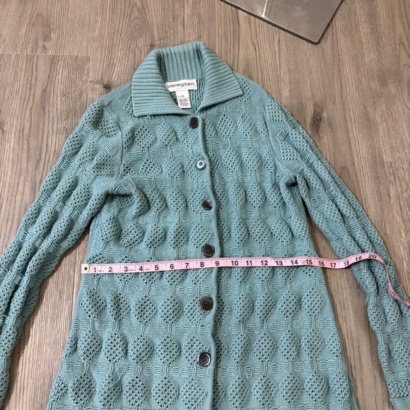 Bloomingdale’s 100% Wool Teal Sweater Long Cardigan Buttons Sz PS Chunky Knit - Picture 10 of 13